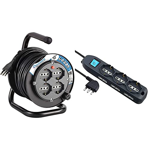 Electraline H05VV-F Prolunga elettrica con avvolgicavo, 4 prese polivalenti (schuko + 10/16A) spina grande 16A, con protezione