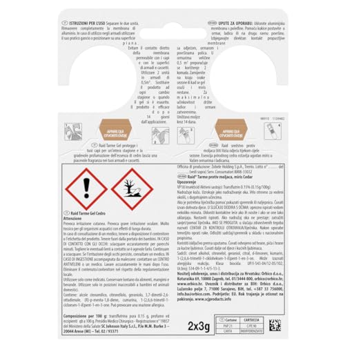 Raid Anti Tarme Gel Vestiti, Per Capi Piacevolmente Profumati, Fragranza al Cedro, 2 Pezzi