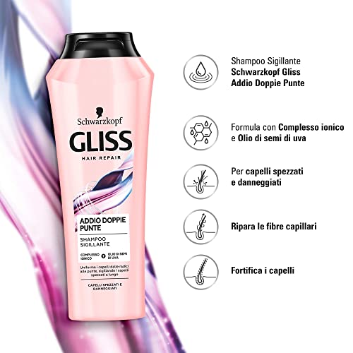 Schwarzkopf Gliss, Shampoo Addio Doppie Punte, per Capelli Spezzati e Danneggiati, ad Azione Fortificante, con Olio di Semi di Uva, 250ml