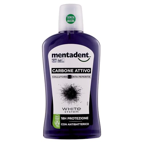 Mentadent Collutorio White System Carbone Attivo per una Protezione Antibatterica di 18h con un Delicato Gusto di Menta Piperita, 500 ml
