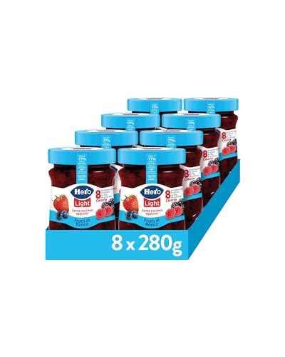 Hero Light Confettura light, 8 vasetti da 280 gr, marmellata e confettura extra, frutta di alta qualità, senza conservanti e senza coloranti, pochissime calorie per porzione