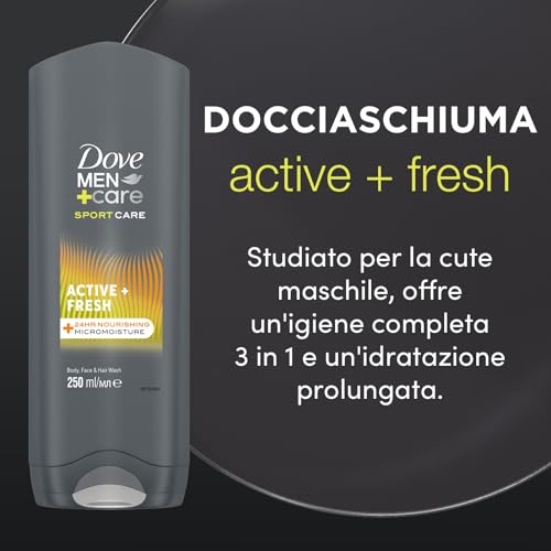 Dove, Doccia Dove Men+Care Sports Active Fresh, Bagnoschiuma Uomo 3 in 1 Idratante Corpo, Viso e Capelli, con Tecnologia MicroMoisture, Dona 24 Ore di Idratazione, 400 ml