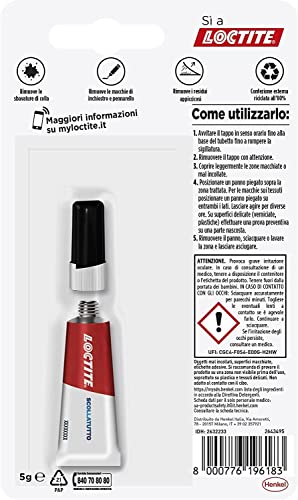 Loctite Scollatutto, Rimuovi colla in tubetto per tutte le superfici, Rimuove qualsiasi colla cianoacrilica, colla gel, colla trasparente, Rimuovi etichette e residui adesivi