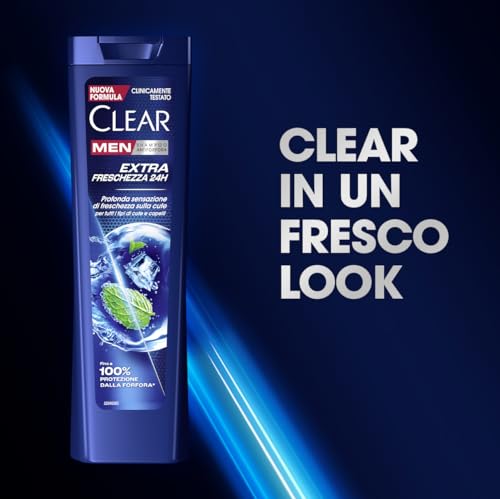 Clear Shampoo Extra Freschezza 24h, Shampoo Antiforfora con Niacinamide e Mentolo, Dona una Sensazione di Freschezza, Shampoo Uomo, Fino a 100% Protezione dalla Forfora*, Formato 225ml