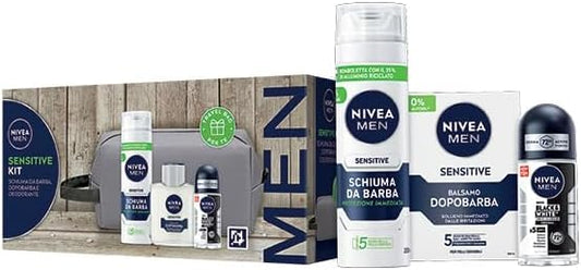 NIVEA MEN Sensitive Kit Cofanetto Regalo Uomo, Set regalo con Schiuma da Barba 200 ml, Balsamo Dopobarba 100 ml, Deodorante uomo Black & White 50 ml e Travel Bag omaggio inclusa