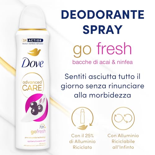 Dove Deodorante Spray Advanced Care Go Fresh Açaí, con Formula Idratante e Delicata sulla Pelle, Senza Alcol, Pelle Asciutta Fino a 72 Ore, Deodorante Uomo e Donna, 6 Pezzi da 150ml
