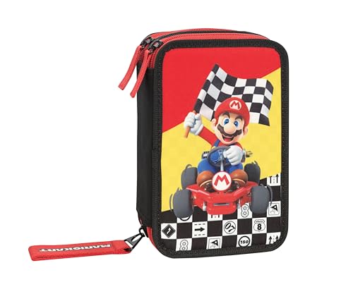 MARIO KART- Astuccio Scuola Ufficiale Mario Kart, Astuccio 3 Scomparti Bambino e Bambina con Set Cancelleria, Penna Cancellabile Blu Frixion e Pratica Chiusura a Zip, 20x13Hx7 cm