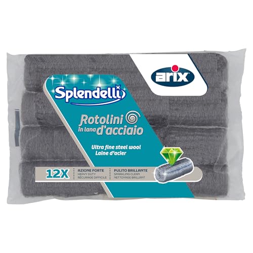 ARIX | 12 Rotolini Abrasivi in Fine Lana d’Acciaio, per Rimuovere Incrostazioni da pentole, Stoviglie e Tutte le Superfici Non Delicate
