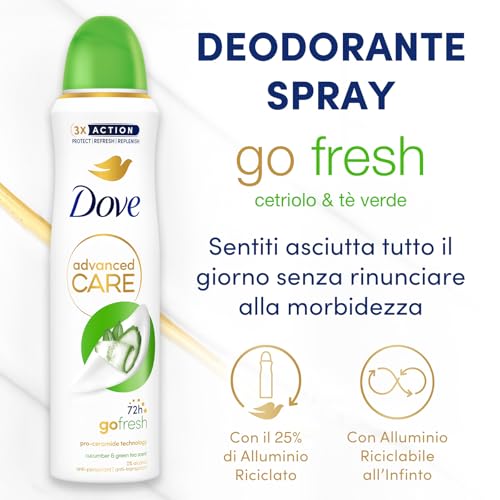 Dove Deodorante Spray Advanced Care Go Fresh Cetriolo e Té Verde, con Formula Idratante e Delicata sulla Pelle, Senza Alcol, Pelle Asciutta Fino a 72 Ore, Deodorante Uomo e Donna, 150ml