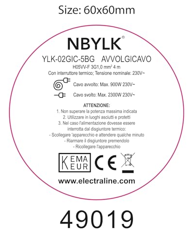Electraline 49019 Prolunga Elettrica con Avvolgicavo, 3G 1 mm, Lunghezza 4 m, 4 Prese Bivalenti, Spina 16 A, Nero