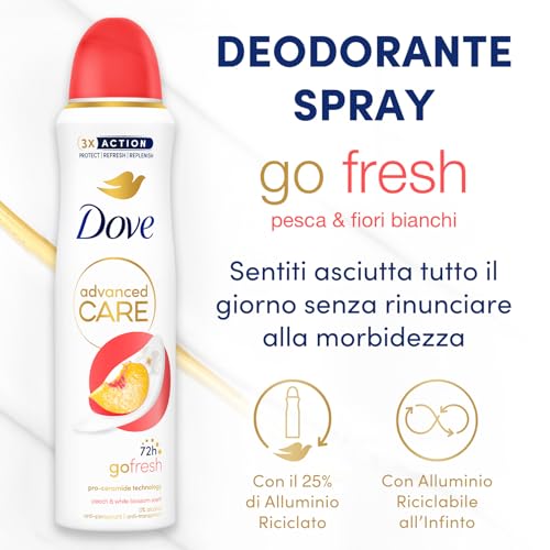 Dove Deodorante Spray Advanced Care Go Fresh Pesca, con Formula Idratante e Delicata sulla Pelle, Senza Alcol, Pelle Asciutta Fino a 72 Ore, Deodorante Uomo e Donna, 150ml