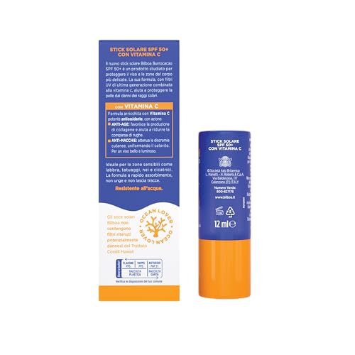 Bilboa Stick Solare SPF 50+ con Vitamina C, ideale per le zone sensibili come labbra, tatuaggi, nei e cicatrici. La formula a rapido assorbimento, non unge e non lascia tracce, 12 ml