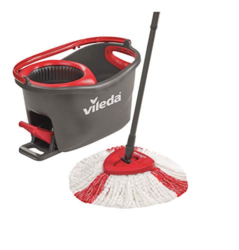 Vileda Turbo Sistema Lavapavimenti Rotante a Centrifuga con Secchio, Fiocco e Manico Telescopico Estendibile 55 - 130 cm, Rosso/Nero