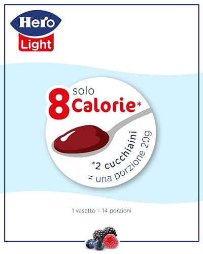 Hero Light Confettura light, 8 vasetti da 280 gr, marmellata e confettura extra, frutta di alta qualità, senza conservanti e senza coloranti, pochissime calorie per porzione