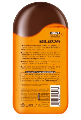 Bilboa, Docciabronze Nutriente, Doccia Shampoo con Oil Carrot per Corpo e Capelli, Idrata la Pelle e Non Toglie l'Abbronzatura, Dermatologicamente Testato, 220 ml