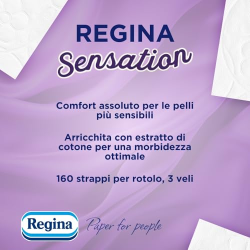 Regina Sensation - Rotoli di Carta Igienica, 160 Soffici Strappi a 3 Veli, Morbida e Resistente, Con Estratto Naturale di Cotone, Confezione con il 60% di Plastica Riciclata, Certificata FSC