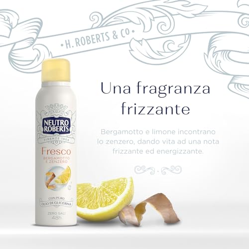Neutro Roberts Deodorante Spray Fresco Giallo, Bergamotto e Zenzero, Zero Sali di Alluminio, Zero Macchie, con Puro Olio di Glicerina, Uomo e Donna, Dermatologicamente testato, 48h - 4 Pezzi da 150 ml