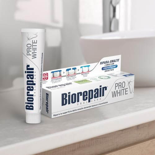 Biorepair, Dentifricio Pro White, Dentifricio Sbiancante con Tecnologia del Polimero Sbiancente PVP, Ripara lo Smalto e la Dentina per Denti Bianchi