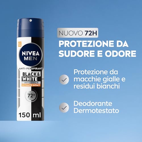 NIVEA MEN Black & White Invisible Ultimate Impact Spray 150 ml, Deodorante uomo 72h, Deodorante spray antitraspirante contro odori, sudore, residui, irritazioni e macchie su tessuti chiari e scuri