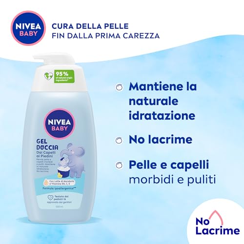 NIVEA BABY Gel Doccia dai Capelli ai Piedini 500ml, Bagnoschiuma bambini per pelle e capelli morbidi e puliti, Bagnoschiuma neonato con protezione no lacrime, Shampoo bambini idratante ed emolliente