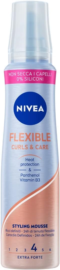 NIVEA Styling Mousse Flexible Curls&Care 4 x 150 ml, Spuma capelli ricci Extra Strong, Schiuma capelli con Vitamina B3, Mousse ricci che dona luminosità e morbidezza