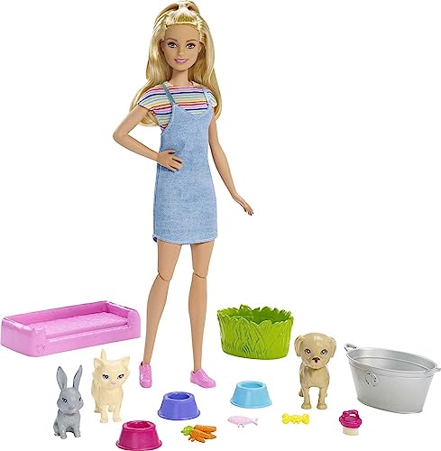 Barbie Cuccioli Cambia Colore, Playset con Bambola e Due Cuccioli Che Cambiano Colore con l'Acqua, Giocattolo per Bambini 3+ Anni, FXH11