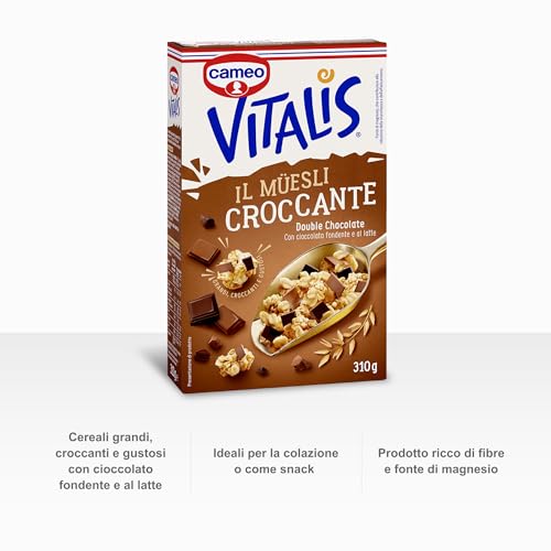 Cameo Vitalis Muesli Croccante Double Chocolate, con Fiocchi Integrali di Avena Cioccolato Fondente e al Latte, Cereali Grandi Croccanti e Gustosi, Circa 10 Porzioni, Ricco di Fibre, 310 g