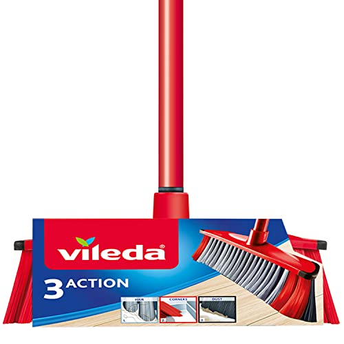 Vileda 3Action Scopa per Interni con 3 Diverse Setole, Rosso - Grigio, 28 x 14 x 4 Cm