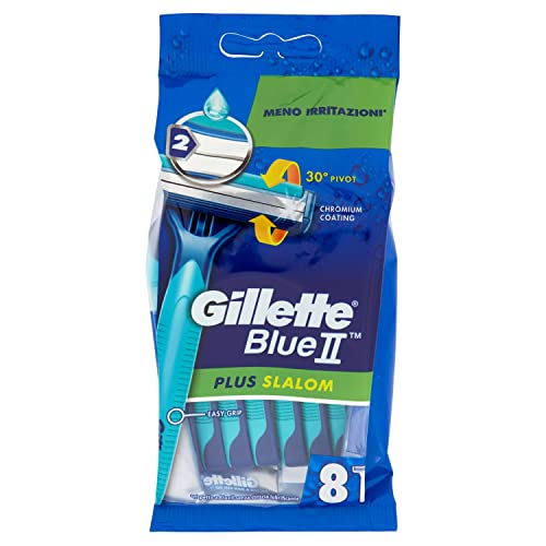 Procter & Gamble Gillette Blue II Plus Slalom Confezione da 8 Lamette Barba Usa e Getta, Lame rivestite in cromo, Manico Scorrevole, Meno Irritazioni