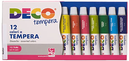 DECO E1336 Colori a Tempera 12 Tubi, 12 ml, Assortiti