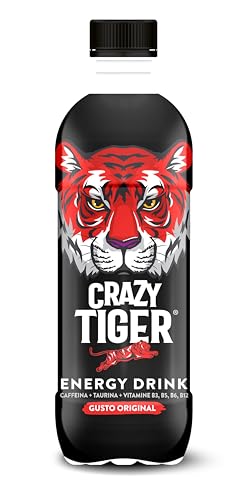 Crazy Tiger | Energy Drink Gusto Original, 12 Bottiglie da 50 cl PET Richiudibile, con Caffeina, Taurina, Vitamine, -50% di Zuccheri