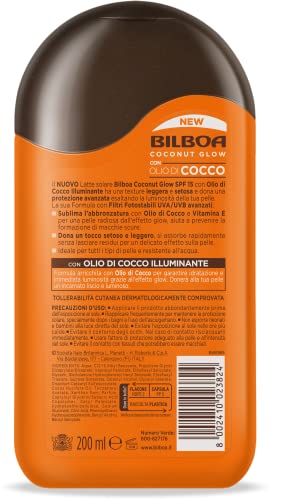 Bilboa, Latte Solare Coconut Glow SPF 20, Crema Solare con Olio di Cocco e Vitamina E, Leggera sulla Pelle, Protezione Solare Resistente all'Acqua, 200 ml