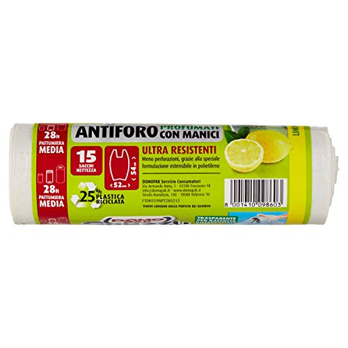 Domopak - Spazzy, Sacchi Nettezza Ultra Resistenti, Profumati al Limone, con Manici, 52x54 cm - 6 confezioni da 15 sacchi [90 sacchi]