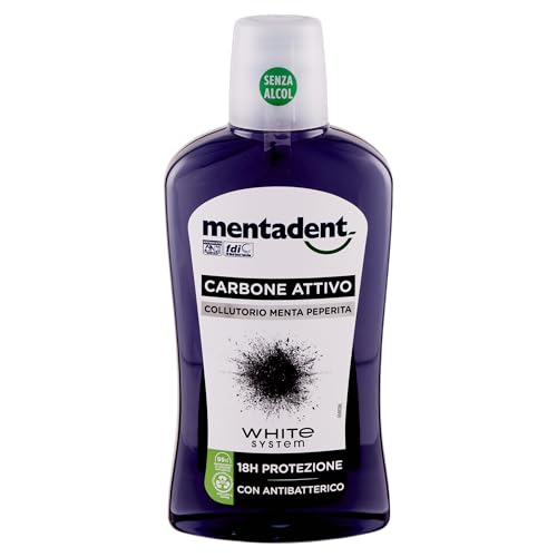 Mentadent Collutorio White System Carbone Attivo per una Protezione Antibatterica di 18h con un Delicato Gusto di Menta Piperita, 500 ml