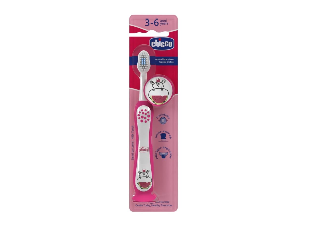 CHICCO | Spazzolino per i denti da latte. Adatto a bambini dai 3 ai 6 anni | Fucsia,Colorazione Femminile, Tema ippopotamo