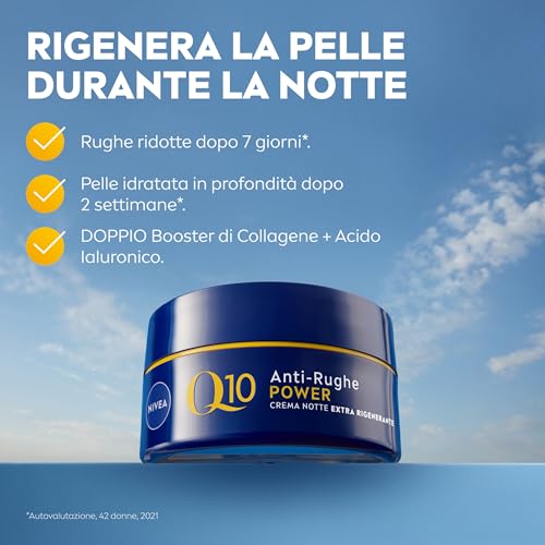 NIVEA Q10 Anti-Rughe Power Crema Viso Notte Extra Rigenerante 50 ml, Crema viso antirughe e idratante, Crema viso Acido Ialuronico, Coenzima Q10 e Creatina per un doppio booster di collagene