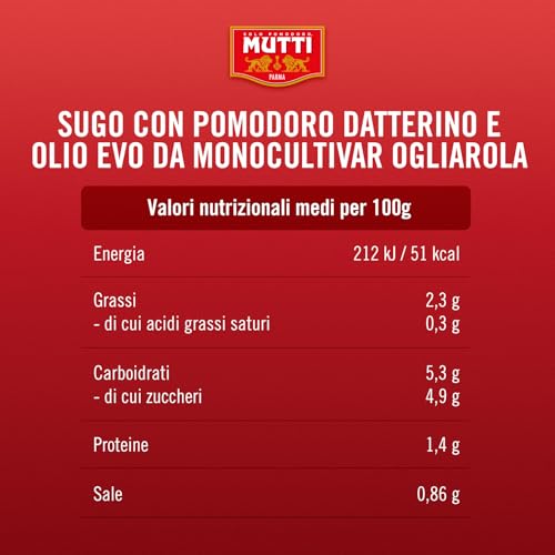 MUTTI - Sugo con pomodoro Datterino e Olio Extra Vergine d'Oliva da Monocultivar Ogliarola, 400g, Confezione da 6 unità