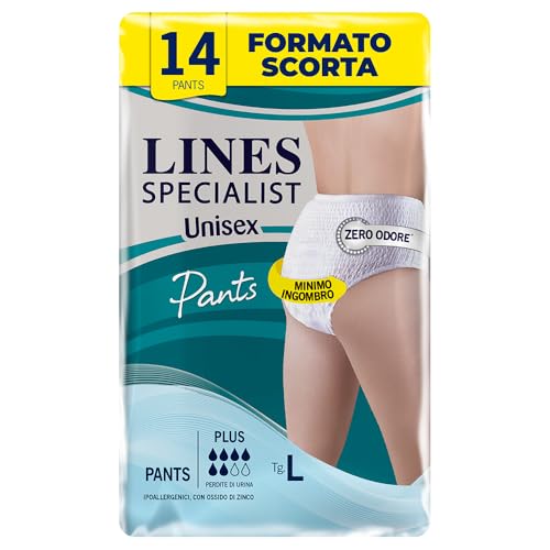 Lines Specialist Pants Plus Unisex, Mutande Assorbenti per Incontinenza Donna e Uomo, Asciutto Lampo e Massima Protezione, Zero Odore, Taglia L, Confezione da 14 Pezzi