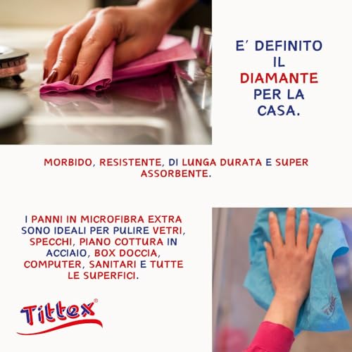TITTEX - Panni Microfibra Vetri e Acciaio, Pulizia Senza Aloni, Finestre, Specchi, TV, PC, Cucina, Bagno – Panni in Microfibra per Pulizia Casa, Lavabili, Resistenti.