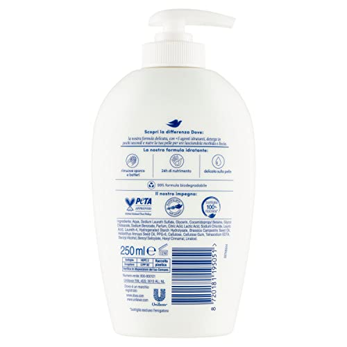 Dove, Sapone Liquido Mani, Sapone Detergente Mani Idratante, Care & Protect, Rimuove con Efficacia Sporco e Batteri, con +5 Agenti Idratanti, Formula 99% Biodegradabile, 6 pezzi da 250ml