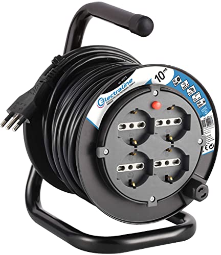 Electraline H05VV-F Prolunga elettrica con avvolgicavo, 4 prese polivalenti (schuko + 10/16A) spina grande 16A, con protezione