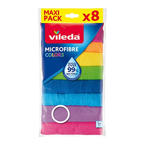 Vileda Microfibre Colors, Panni in Microfibra, Lavabili in Lavatrice, Riutilizzabili, Multicolore, 30x 30 cm, 8 Pezzi