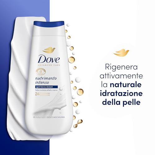 Dove Bagnoschiuma Nutrimento Intenso, Bagnodoccia Idratante, Formula Delicata sul Microbioma della Pelle, con Agenti Idratanti Vegetali, Senza Solfati SLES, Bagnodoccia Uomo e Donna, 225 ml