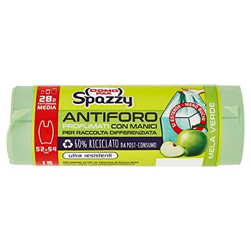 Domopak Spazzy Sacchi Nettezza Antiforo con Manici - Profumato alla Mela Verde - Casalingo 28 lt - verde - 1 confezione da 15 pezzi