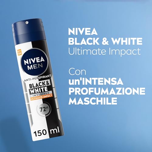 NIVEA MEN Black & White Invisible Ultimate Impact Spray 150 ml, Deodorante uomo 72h, Deodorante spray antitraspirante contro odori, sudore, residui, irritazioni e macchie su tessuti chiari e scuri