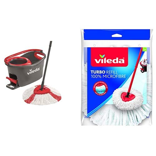 Vileda Turbo Sistema Lavapavimenti Rotante a Centrifuga con Secchio, Fiocco e Manico Telescopico Estendibile 55 - 130 cm, Rosso/Nero