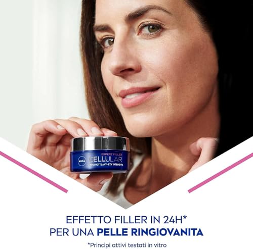 NIVEA CELLULAR EXPERT FILLER Crema Notte Anti-Età Intensiva SPF 15 50ml, Crema viso antirughe rassodante, Crema viso Acido Ialuronico e Acido Folico Puro, Crema viso notte anti-age