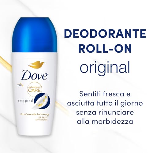 Dove, Deodorante Roll On Advanced Care Original, Deodorante Antitraspirante, Formula Delicata Con Tripla Azione Idratante, Protezione Fino a 48 Ore, Deodorante Uomo e Donna, 50 ml