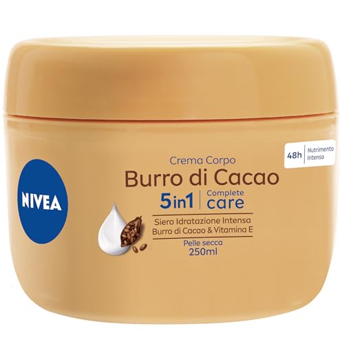 NIVEA Crema Corpo Burro di Cacao 250ml, Crema corpo idratante 48 ore, Crema corpo idratante pelle secca arricchita con Siero Idratazione Intensa, Burro di Cacao & Vitamina E