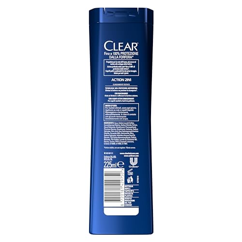 Clear Shampoo Action 2in1, Shampoo Antiforfora con Niacinamide ed Agenti Attivi Condizionanti, Shampoo Uomo Adatto per Uso Quotidiano, Fino a 100% Protezione dalla Forfora*, Formato 225ml